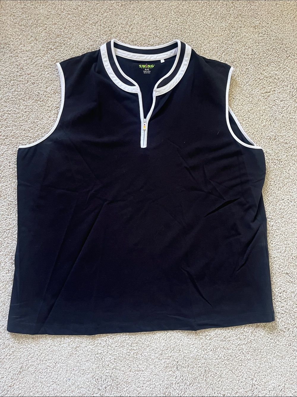 Swing Sleeveless Black Polo Tank with White Trim